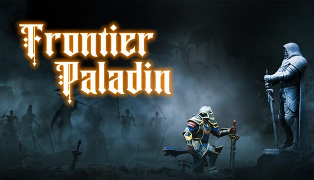 Frontier Paladin: Armored knight kneels before hooded statue in misty battlefield; silhouetted soldiers loom in eerie fog.