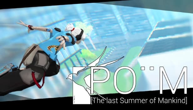 A young girl with white hair and headphones dives through a vibrant cityscape in a blue suit.