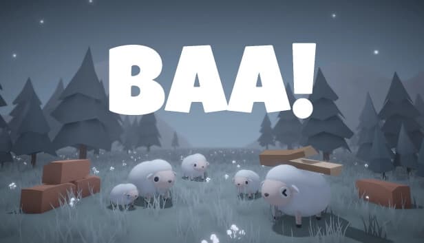 A tired sheep carries wooden blocks while young sheep look on in a low-poly forest scene; one cries.