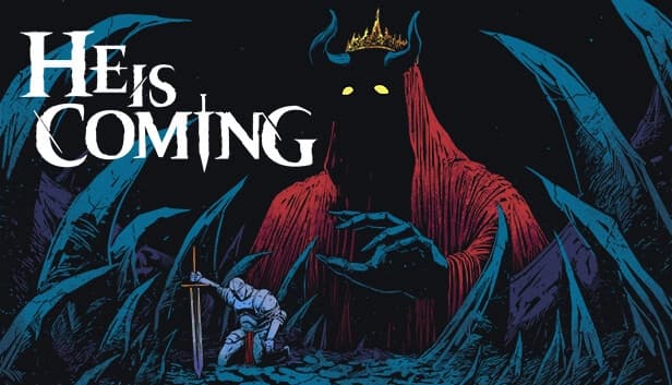 A glowing-eyed, horned figure looms over a kneeling armored knight holding a sword in a dark cavern.
