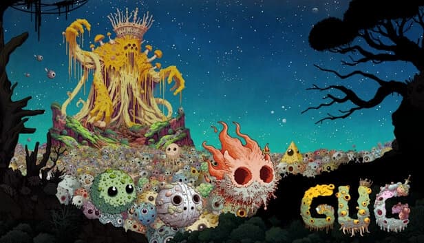 A massive tree being with tendrils looms over a colorful landscape filled with various creatures.