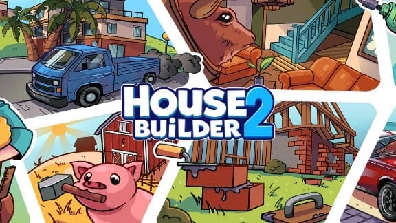 Cartoonish scenes show a blue truck, pigs with construction tools, and a wooden house under construction.
