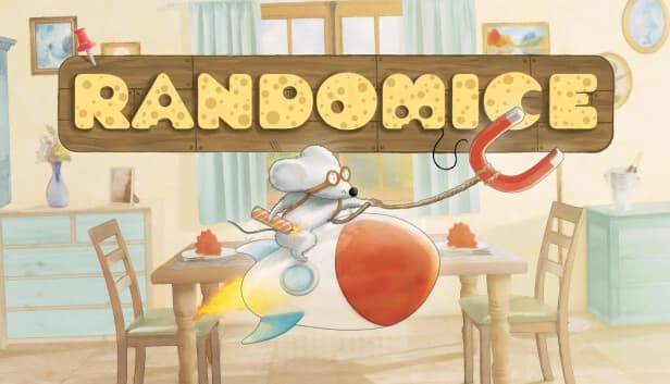 A cartoon mouse wearing goggles rides a rocket in a cozy kitchen, holding a large red magnet and firecracker.
