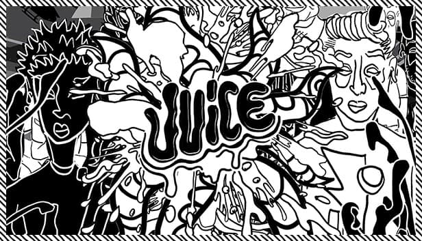 Black and white abstract scene with expressive faces and dynamic lines creating an energetic atmosphere.