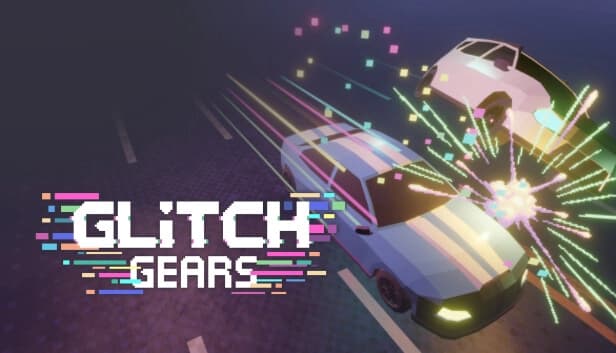 Two cars collide on a dark road with sparks flying; colorful pixel art effects surround the vehicles.
