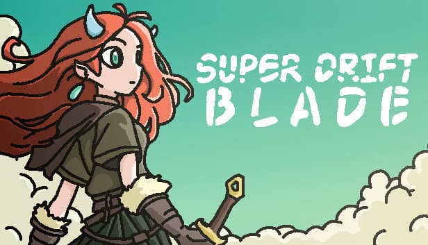 A young woman with long red hair, horns, and a sword stands against a cloudy sky, gazing ahead.
