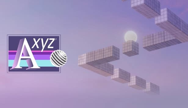 A glowing striped sphere travels across floating geometric platforms made of cubes in a pastel sky.