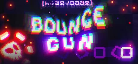 Glowing pixelated neon text with a skull icon and geometric shapes on a dark, grainy background.