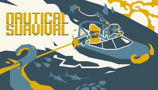 A mustachioed boat fights sea creatures, driver shoots a pistol at a tentacle, fish hooked behind.