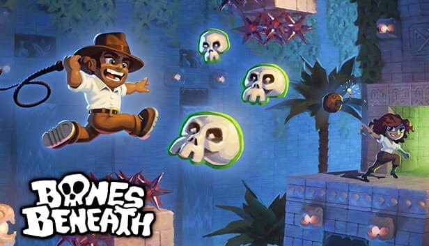 A man adventurer leaps with a whip toward glowing skulls, while a woman throws bombs from a platform.
