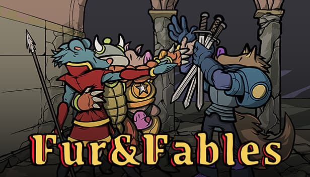Three anthropomorphic animals, armored and armed, stand united in a dimly lit stone corridor.