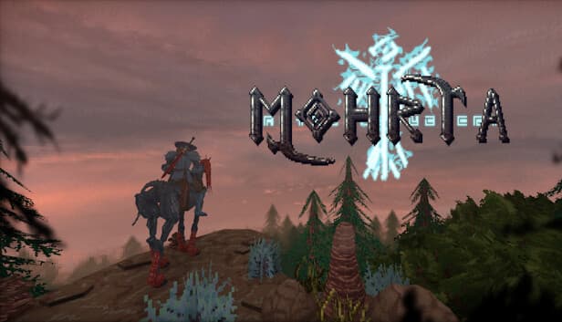 Mohrta: Warrior on horseback stands on cliff at sunset, overlooking dense forest with scattered rocks and distant horizon.