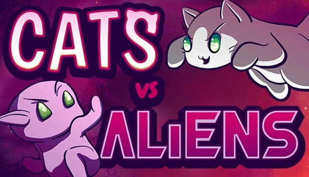 A purple alien with large eyes faces a determined cat with green eyes, set against a cosmic background.