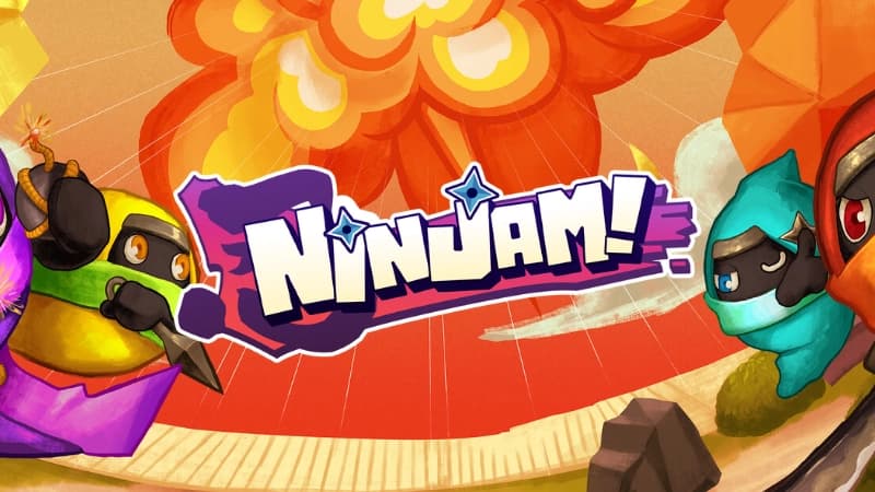 Colorful cartoon ninjas with expressive eyes wield weapons on either side of a vibrant explosion.
