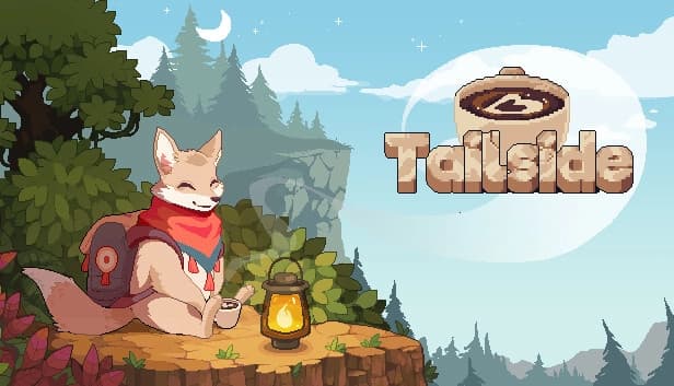 A cheerful fox with a backpack and red scarf sits by a lamp on a cliff, under a starry sky.
