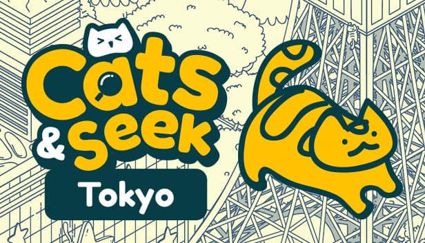 A cartoon cat with stripes playfully jumps near a stylized Tokyo Tower outline, with trees below.