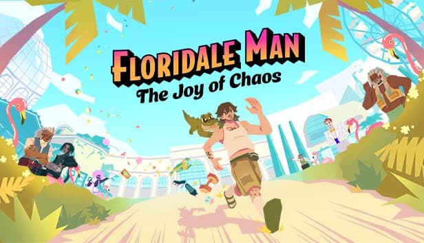 Man with beard running in tropical setting, a small green crocodile clinging to his shoulders, surrounded by people.