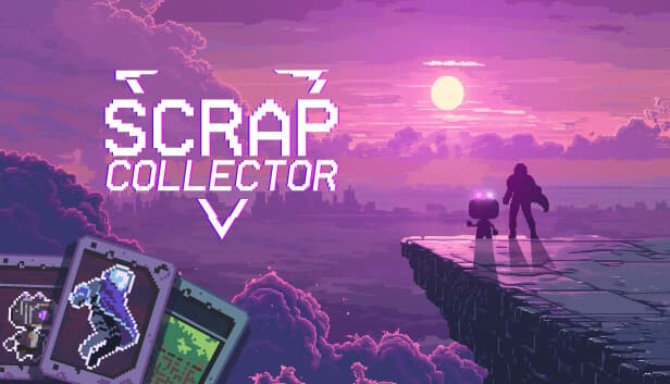 A small robot and human silhouette stand on a cliff edge at sunset. Pixel art cards in corner.
