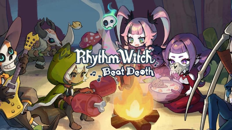 Cartoon characters holding instruments and food, in costumes sit around a campfire in a forest setting at night.