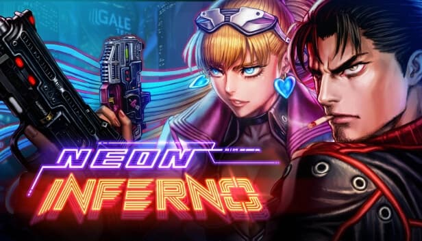 A young woman with blonde hair, blue heart earrings, and goggles faces a man smoking, holding guns.