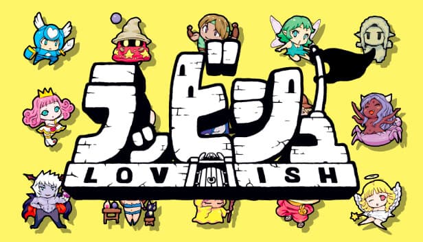 Lovish: Vibrant cartoon figures with unique outfits and expressions encircle bold text in a playful, colorful environment.