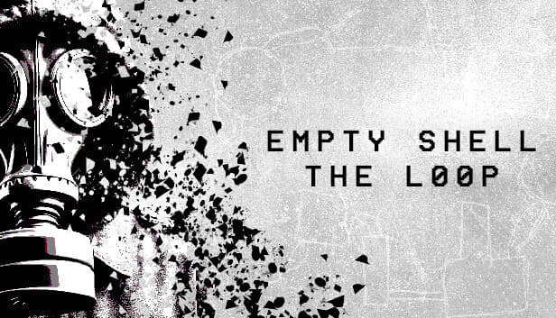 EMPTY SHELL: Fragmented gas mask face dissolves into particles on a textured gray backdrop with faint building outlines.
