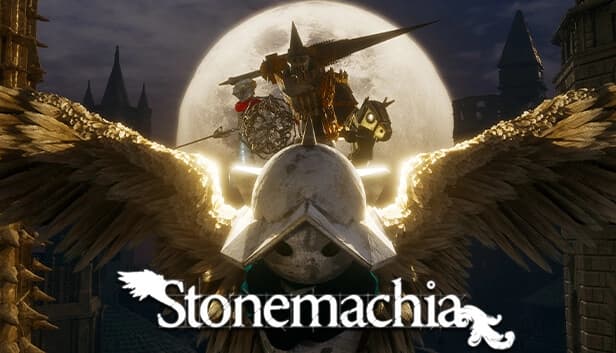 A knight in armor rides a winged creature in armor in front of a full moon, with a castle silhouette in the background.