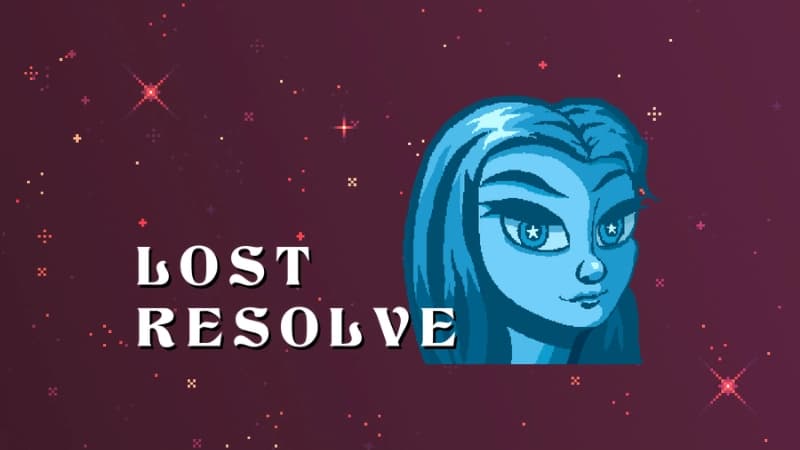 Stylized pixel art of a young blue woman with long hair on a starry red background, evoking mystery.