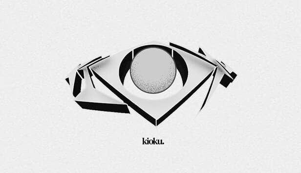 Kioku: Geometric eye design with angular shapes surrounds a central sphere, set against a textured white environment.