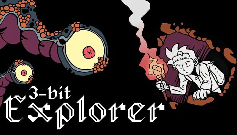 3-Bit Explorer Demo: Young boy with torch peers from cave, giant tentacle eyes loom in dark, creating a tense atmosphere.