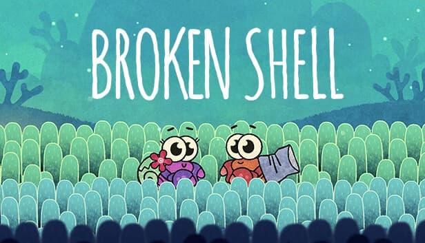 Two cartoon hermit crabs with expressive eyes, one with green shell and flower, stand in seaweed field underwater.