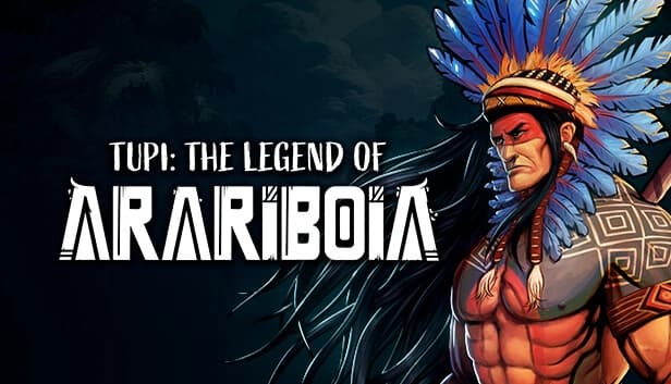 Muscular Native American man with red face paint, vibrant feather headdress, and long hair in a dark jungle.