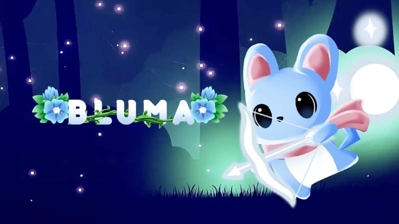 A cute blue creature with large eyes and a pink scarf holds a glowing bow in a nighttime forest.
