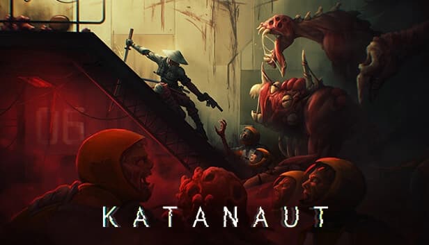 A heavily armored samurai stands on a ramp, wielding a katana and pistol, facing monstrous creatures below.