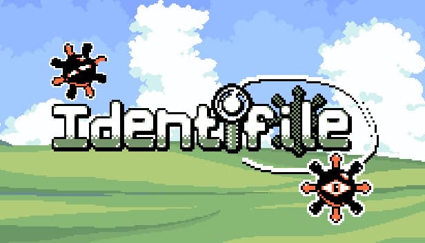 Pixel art landscape with rolling green hills and a bright blue sky, featuring two black creatures.