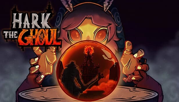 A figure with glowing eyes gazes into an orange crystal ball showing a tower and a man with a machete.