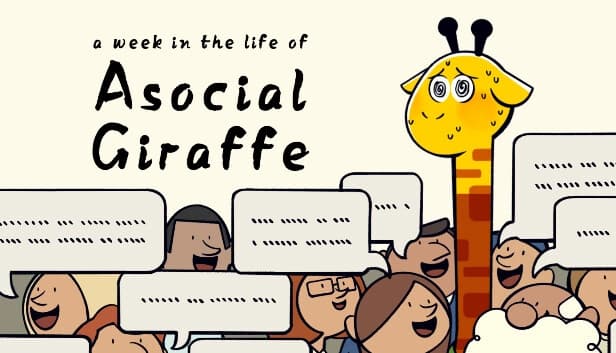 Cartoon giraffe with nervous expression sweats amid a crowd of people, each having speech bubbles.