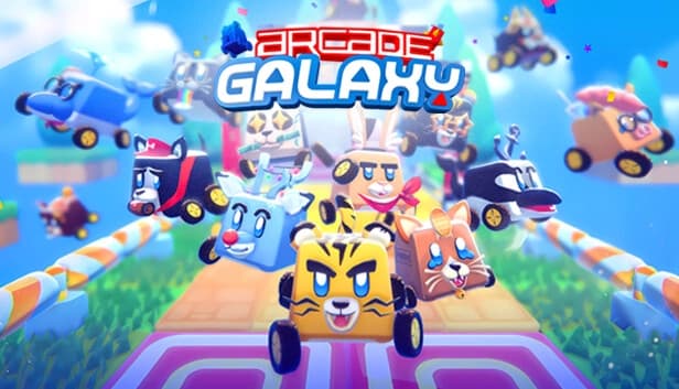 Cube-shaped, cartoonish animal cars with expressive faces race on a vibrant, colorful track.