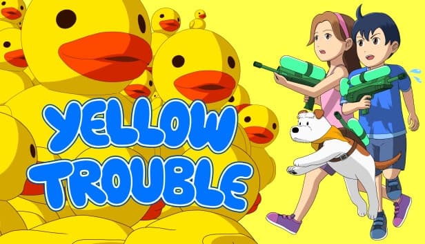 Young girl and boy wielding water guns run alongside a dog; large ducks fill the bright background.