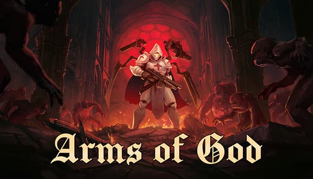 Holy knight in white armor and red cape wields a rifle, surrounded by demons and fire in a cathedral.