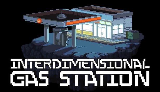 Pixel art gas station on a floating rocky platform with pumps and a lit convenience store at night.