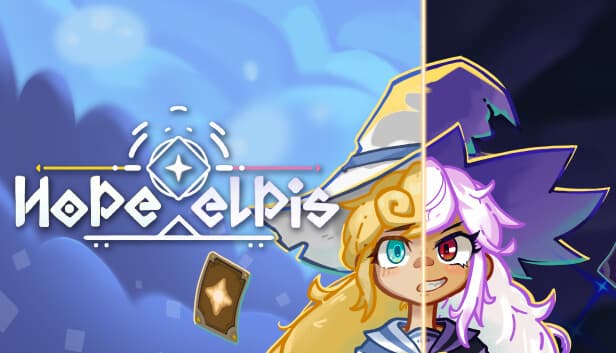 Hope & Elpis: Young girl with blonde hair and witches hat stands in light-dark environment, magical card floating nearby.