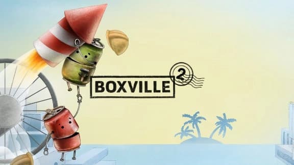 Two small tin robot figures cling to a large red rocket in a sunny sky; a hard hat falls nearby.