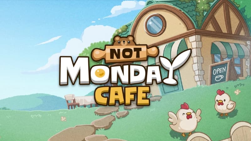 Charming countryside cafe with stone path, two chickens nearby, surrounded by lush greenery and hills.