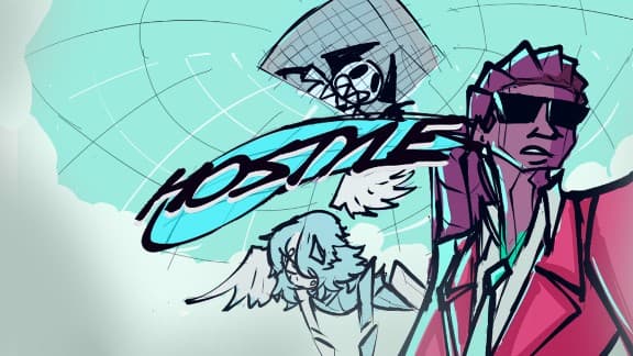 Stylized drawing featuring a man in sunglasses and a young angelic girl with wings against a vibrant sky.