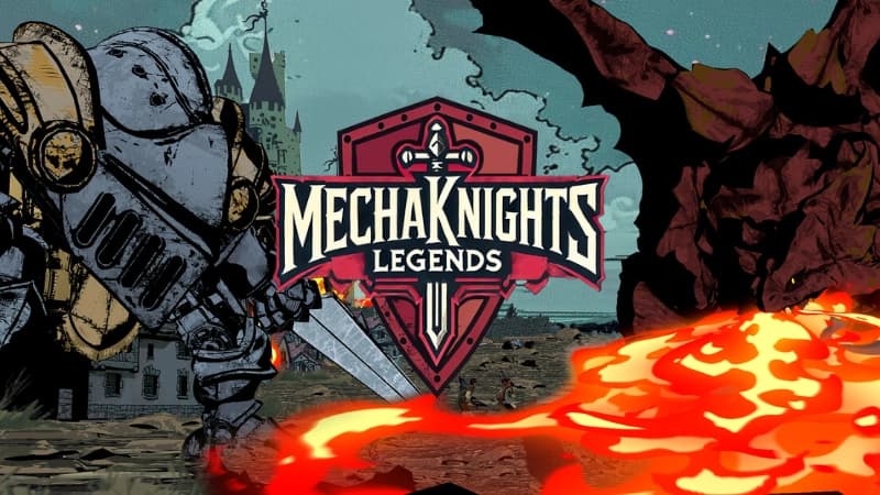 A large, armored robot faces a fiery dragon with a mountainous background and medieval castle.
