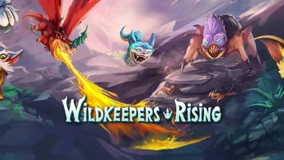 A vibrant scene with a fire-breathing dragon-like creature soaring over rocky terrain alongside a spider.