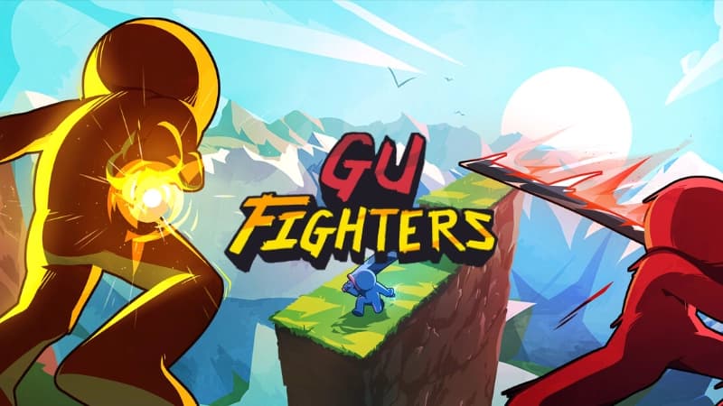 Orange figure conjures a fireball, red with glowing katana, battles blue with greatsword on a floating grassy platform.