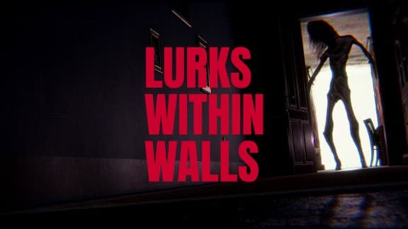 LURKS WITHIN WALLS: A shadowy, slender figure stands menacingly in a doorway, casting eerie light along a dim hallway.