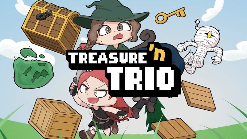 Young girls, one with hat, a girl with sword, and a mummy leap near floating chest, crates, key, slime.